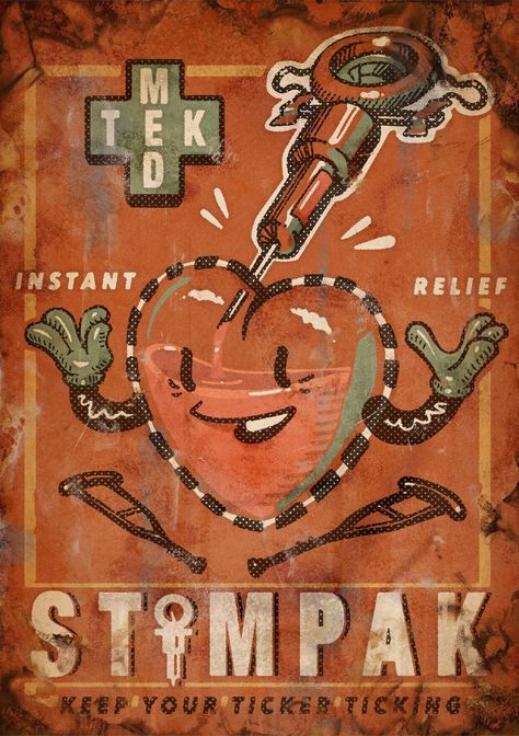 Med-Tek by Jacob Briggs. A test that ended up turning into a trio of prints for GameTee. Super fun rendering method working with a printing press. Obviously inspired by Fallout. Scavenge PRINTS here: https://gametee.co.uk/collections/jacob-briggs/products/wasteland-medical-art-print-pack Fallout Advertisement, Fallout Art Wallpaper, Fallout 4 Background, Fallout 4 Aesthetic, Fallout Drawings, Fallout 4 Art, Fallout Pfp, Iklan Vintage, Fallout 4 Poster