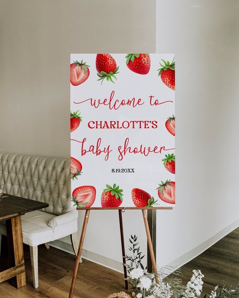 "Cute girl's baby shower editable & printable strawberry welcome sign template featuring watercolor illustration of strawberries. Font (excluding Glyphs) & font colors are editable, artwork is not editable. Pair this with our other matching strawberry templates - find them in our shop. Printable on any material you wish.  Strawberry Welcome Sign Template is 100% editable (artwork graphics are locked in place) - INSTANT DOWNLOAD - access your template within minutes of purchase and edit in CANVA. Baby Shower Ideas Strawberry, Berry Baby Shower Theme, Strawberry Theme, Baby Shower Themes Strawberry, Strawberry Shortcake Baby Shower Theme, Strawberry Baby Shower Ideas, Strawberry Shortcake Baby Shower Ideas, Strawberry Themed Baby Shower Ideas, A Berry Sweet Baby Is On The Way