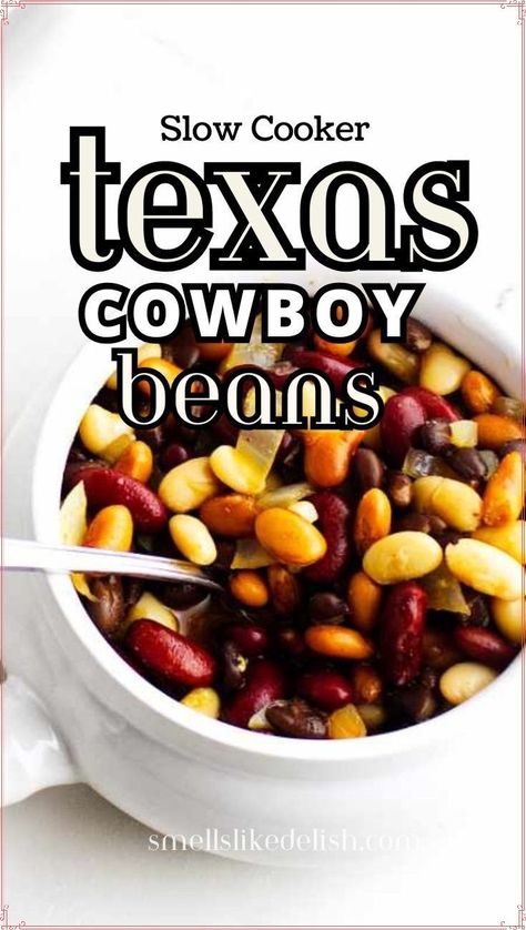 Craving a taste of the Wild West?  These slow cooker Texas Cowboy Beans are a flavor explosion in every bite! Tender beans bathed in a rich, smoky sauce with hints of sweetness and spice –  it's the perfect side dish for any summer barbecue. Let your crockpot do the work for a guaranteed crowd-pleaser! Ranch Beans Crockpot, Cowboy Beans Recipe, Crockpot Beans, Bean Soups, Beans In Crockpot, Slow Cooker Baking, Cowboy Beans, Texas Cowboy, How To Cook Beans