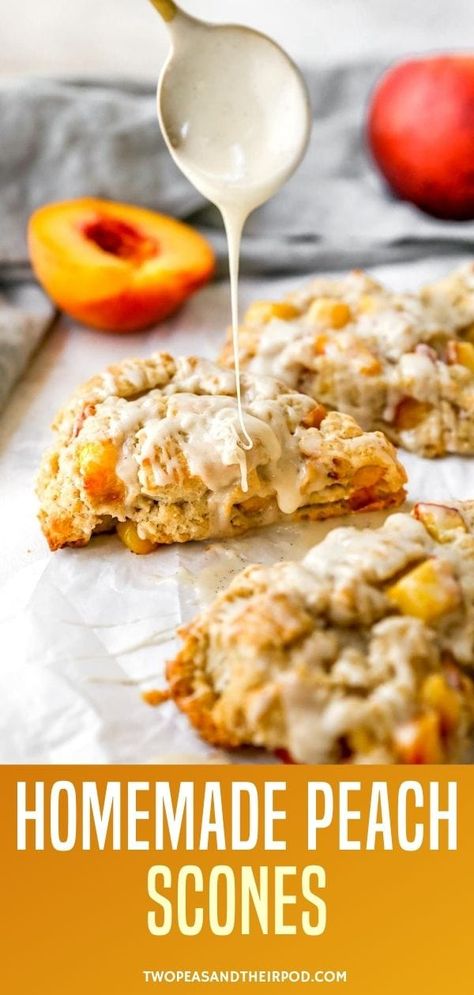 Peach Scones- fluffy, buttery scones dotted with fresh peaches and finished with a sweet honey vanilla glaze. These homemade scones are going to become your new favorite breakfast treat. Peach Cobbler Scones, Baking Recipes Peaches, Nectarine Scones Recipe, Peach Scones Recipe Homemade, Sourdough Discard Peach Scones, Scone Glaze Recipe Easy, Peach Pie Scones, Fresh Peach Recipes Breakfast, Peaches For Breakfast