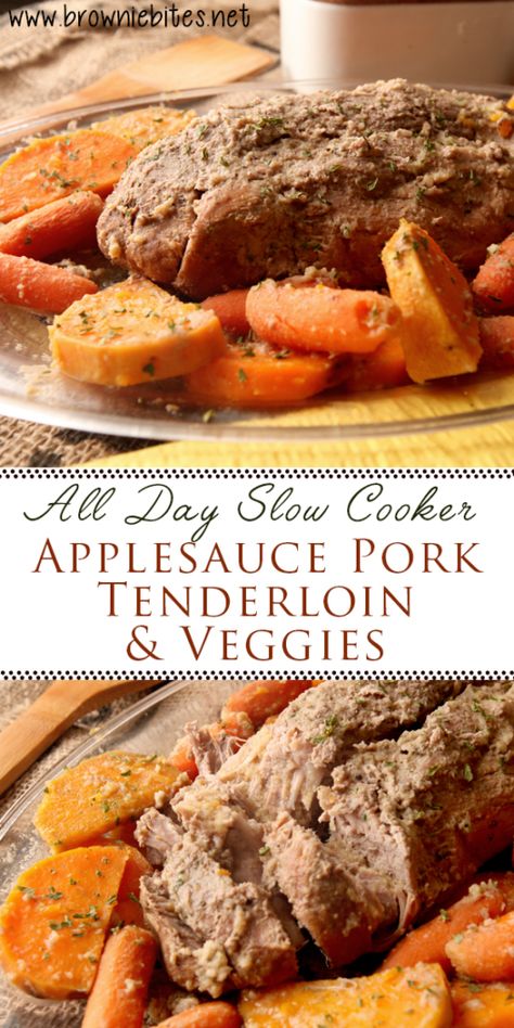 Slow Cooker Applesauce Pork Tenderloin & Veggies | Brownie Bites Blog Pork And Apple Sauce, Best Pork Tenderloin Recipe, Pork Chops And Applesauce, Pork Crock, Crockpot Pork Loin, Crockpot Applesauce, Slow Cooker Applesauce, Apple Pork Tenderloin, Crockpot Pork Roast