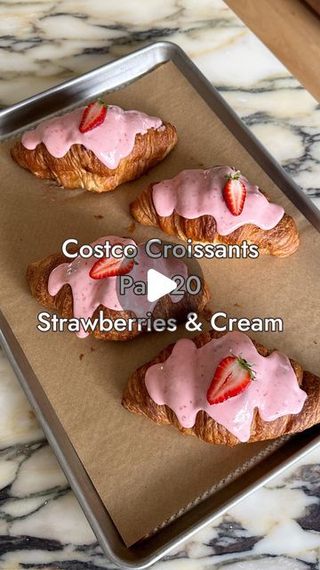 Sabrina Stavenjord on Instagram: "Strawberries & cream croissants, that is all 😛🍓🥐  4 store-bought croissants  Strawberry Purée 2 cups strawberries, quartered Juice of half lemon 1/4 cup sugar  Cream Filling 1 cup heavy cream 3/4 cup mascarpone cheese 1/2 cup icing sugar 1 tsp vanilla extract Pinch salt  Strawberry Glaze 1 cup icing sugar 2 Tbsp strawberry purée 2-4 Tbsp heavy cream  1. Bake croissants in 300F oven for 8-10 minutes. Set aside to cool completely.  2. Make strawberry purée: Cook strawberries, sugar and lemon in a saucepan over medium heat until soft and purée has thickened, about 8-10 minutes. Remove from heat and let cool before pureeing until smooth. 3. In a large bowl, whip heavy cream, mascarpone cheese, icing sugar, vanilla and salt to firm peaks. Fold in cooled stra Strawberries And Cream Croissant, Strawberry Cream Filling, Strawberry Purée, Croissant Dough, Strawberry Glaze, Piping Bag, Sharp Knife, Cream Filling, Strawberry Filling