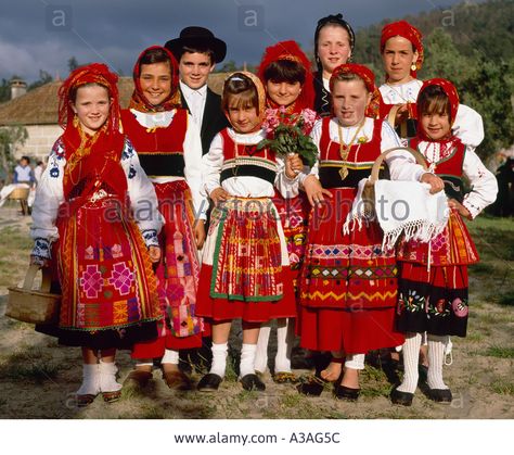 Group of Children in the Traditional Costume of Costa Verde Northern Portugal Stock Photo Portuguese Traditions, Kosovo I Metohija, Serbian Clothing, Serbian Women, Portugal Food, Portuguese Style, Northern Portugal, Stara Zagora, Portuguese Culture