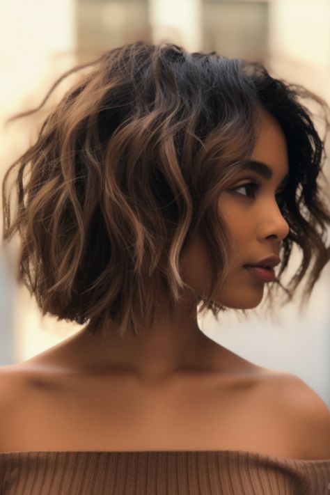 Tousled waves on a blunt cut give hair that relaxed, beachy vibe. This particular short haircut is a choice for black women who like to have versatile hairstyles. Click here to check out more stunning short hairstyles for black women. Wavy Bob Black Women, Cornrow Mohawk, Short Crochet Braids, Tapered Afro, Short Hairstyles For Black Women, Bob Black, Hairstyle Tips, Short Box Braids, Tousled Waves