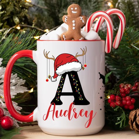 Custom Letter Name Mug, Personalized Initial Mugs, Family Keepsake ,Christmas Gift, Monogrammed Holiday Coffee Cups, Accent Coffee Mug, 11oz Initial Mugs, Monogram Coffee Mug, Letter Mugs, Name Mug, Christmas Monogram, Holiday Coffee, Side Design, Family Keepsakes, Name Mugs