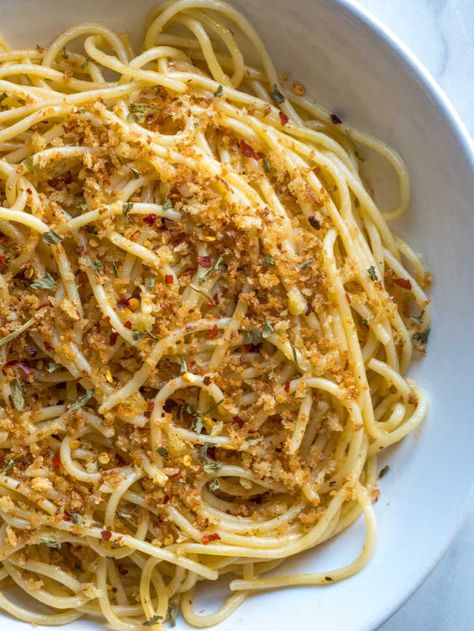 Garlic Parmesan Pantry Pasta with Crunchy Breadcrumbs | 12 Tomatoes Spaghetti With Breadcrumbs, Bread Crumb Pasta, Breadcrumb Pasta, Garlic Bread Pasta, Pantry Pasta, Chewy Noodles, Garlic Parmesan Pasta, Parmesan Pasta, Garlic Pasta