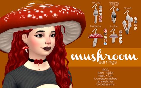 Mushroom Earrings | Bellassims on Patreon Sims 4 Mushroom, Los Sims 4 Mods, Sims Background, Background Characters, Sims 4 Anime, The Obsession, Sims 4 Mm Cc, Mushroom Hat, Sims 4 Expansions