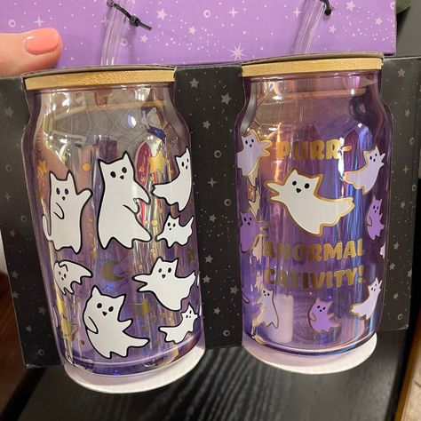 Perfect For Cat Lovers! The Cutest Spooky Season Purple Glass Tumblers/Sipper Cups. Perfect For Iced Coffee And Other Cool Drinks. Set Of 2 New In Box. 2 Different Designs Will Pack With Care And Ship Quickly From A Smoke Free Home. Check Out My Closet For Other Rae Dunn, Disney, Hello Kitty, Harry Potter, And Seasonal Decor Items, Summer, Mushrooms, Cherry, Strawberry, Cat And Dog Themed Items, Halloween, And Other Holiday Decor In My Closet. Bundles Of Two Or More Items Are Discounted But Plea Disney Hello Kitty, Rae Dunn Disney, Strawberry Cat, Cool Drinks, Cherry Strawberry, Cat Ghost, Holiday Throw, Boo Ghost, Glass Tumblers