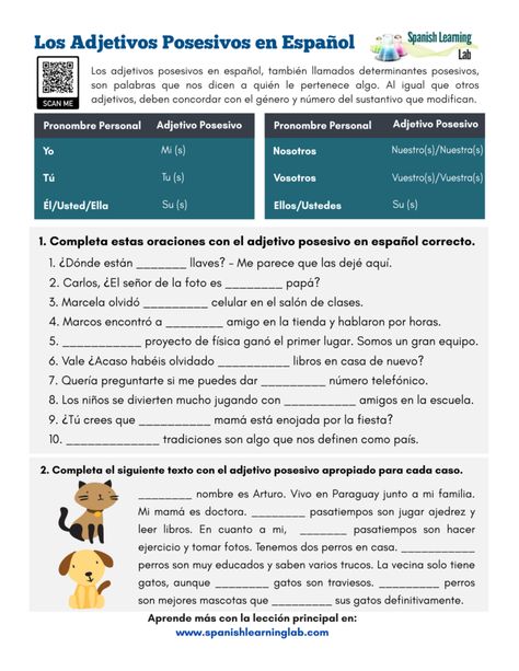 Possessive Adjectives Spanish, Adjectives In Spanish, Multiplying Fractions Word Problems, Leadership Training Activities, Spanish Exercises, Third Grade Worksheets, Fraction Word Problems, Spanish Classroom Activities, Spanish Games