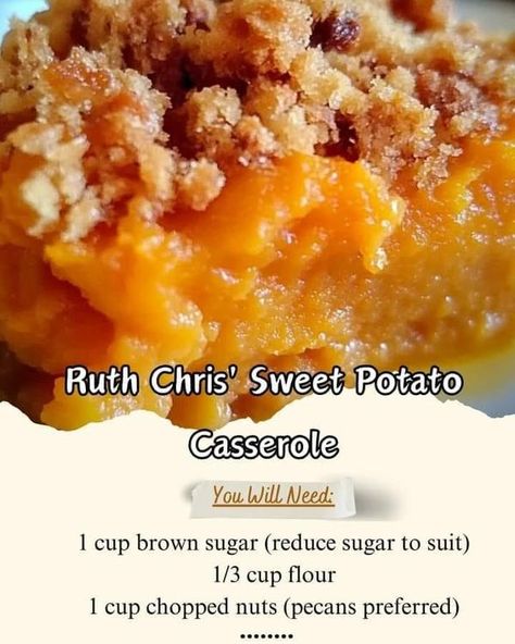 The Pioneer Woman - Ree Drummond❤️🌹❤️ | Ruth Chris' Sweet Potato Casserole | Facebook Canned Sweet Potato Recipes, Sweet Potato Pie Recipe Easy, Sweet Pie Crust, Ruths Chris Sweet Potato Casserole, Sweet Potato Oven, Canning Sweet Potatoes, Ruth Chris, Sweet Potato Pies Recipes, Paula Deen Recipes