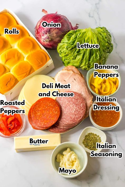 Italian Sub Sliders No Meat Sliders, Lunch Subs, Italian Roll Ups, Italian Sliders Hawaiian Rolls, Italian Sub Sliders, Sub Sliders, Italian Sub Sandwich, Italian Sandwich Recipes, Italian Sliders