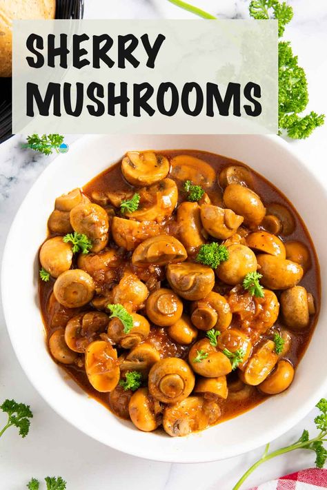 These Sherry Mushrooms are deliciously packed with flavors!  They're tender button mushrooms stewed in sherry, garlic, and cloves.  Excellent as a side dish or as an appetizer --- absolute yum! Sherry Mushrooms, Light Side Dishes, Mushroom Stew, Sherry Wine, Marinated Mushrooms, Button Mushrooms, Sauteed Mushrooms, Light Side, Cooking Wine