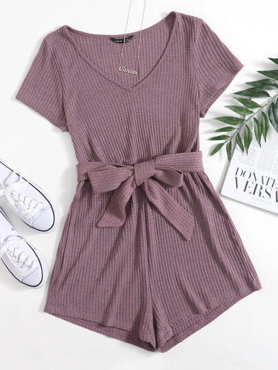 Short Sleeve Jumpsuit, Knit Romper, Short Sleeve Jumpsuits, Traje Casual, Short Sleeve Romper, Knitted Romper, Belted Shorts, Cute Rompers, Knit Short