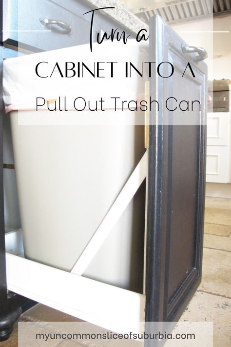 Transform your kitchen with this easy DIY project: turn an old cabinet into a convenient pull-out trashcan! With just a few simple steps, you can create a sleek, space-saving solution that hides your trash while keeping your kitchen organized. Perfect for small spaces and those looking to declutter.   We had lots of extra drawers lying around and had all the materials on hand. Kitchen Trash Can Ideas Diy, Diy Pull Out Trash Can Cabinet, Trash Can Pull Out Cabinet, Diy Garbage Can Storage Kitchen, Tilt Out Trash Can Diy, Pullout Trash Cabinet, Pull Out Trash Can Cabinet, Pull Out Trash Cans, Diy Utensils