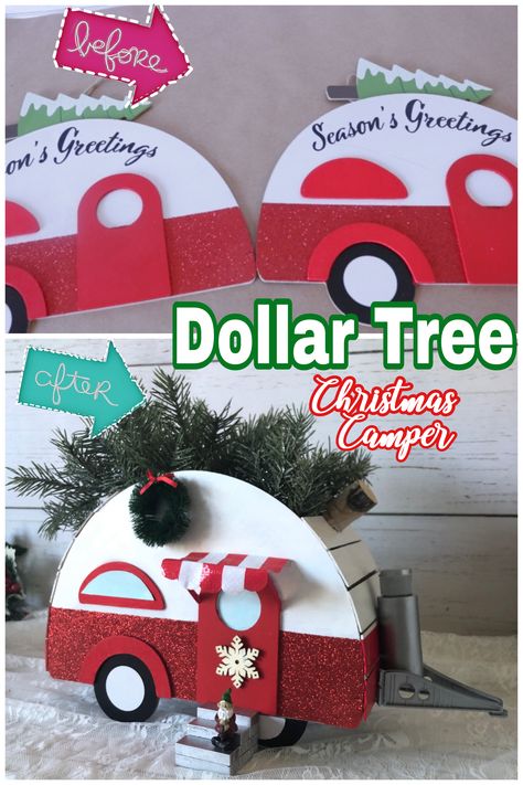 Easy Dollar Tree Christmas Hack! Turn  Dollar Tree red camper signs into a 3D Christmas red camper Camper Christmas Ornaments Diy, Dollarama Diy, Camper Crafts, Dollar Tree Christmas Diy, Dollar Tree Diy Christmas, Camper Christmas, Camping Ornaments, Christmas Camper, Christmas Boutique