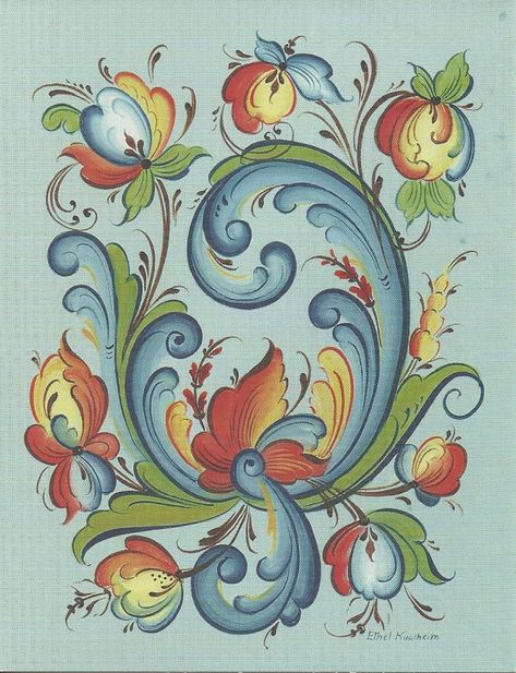 Rosemaling Pattern, Norwegian Rosemaling, Arte Folk, Tole Painting Patterns, Scandinavian Folk Art, Ornate Design, Scandinavian Art, Tole Painting, Folk Art Painting