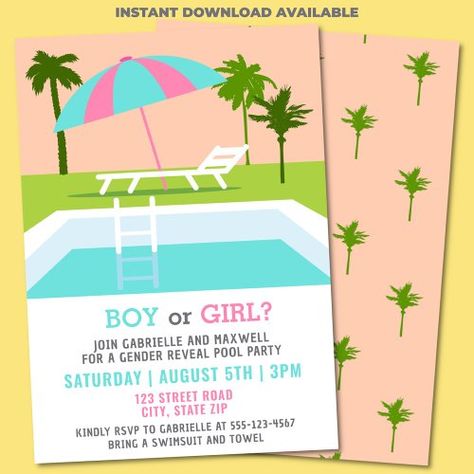 Gender Reveal Pool Party Tropical Swimming Pool Invitation  $2.77 by SkippingFlamingo Gender Reveal Pool Party, Tropical Swimming Pool, Pregnancy Announcements, Gender Reveal Invitations, Kids Nursery Decor, Kids Stationery, Free Birthday Invitations, Free Birthday Invitation Templates, Free Birthday Stuff