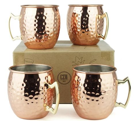 PG Moscow Mule Mugs | Large Size 19 ounces | Set of 4 Hammered Cups | Stainless Steel Lining | Pure Copper Plating | Gold Brass Handles | 3.7 inches... Moscow Mule Recipe Classic, Blueberry Vodka, Copper Cup, Mule Mugs, Moscow Mule Recipe, Mule Recipe, Frozen Watermelon, Copper Moscow Mule Mugs, Copper Mugs