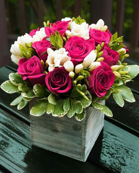 Hot Pink Floral Arrangements, Hot Pink Flower Arrangements, Box Flower Arrangement, Pink Floral Arrangements, Simple Floral Centerpieces, Box Arrangement, White Freesia, Pink Flower Arrangements, نباتات منزلية