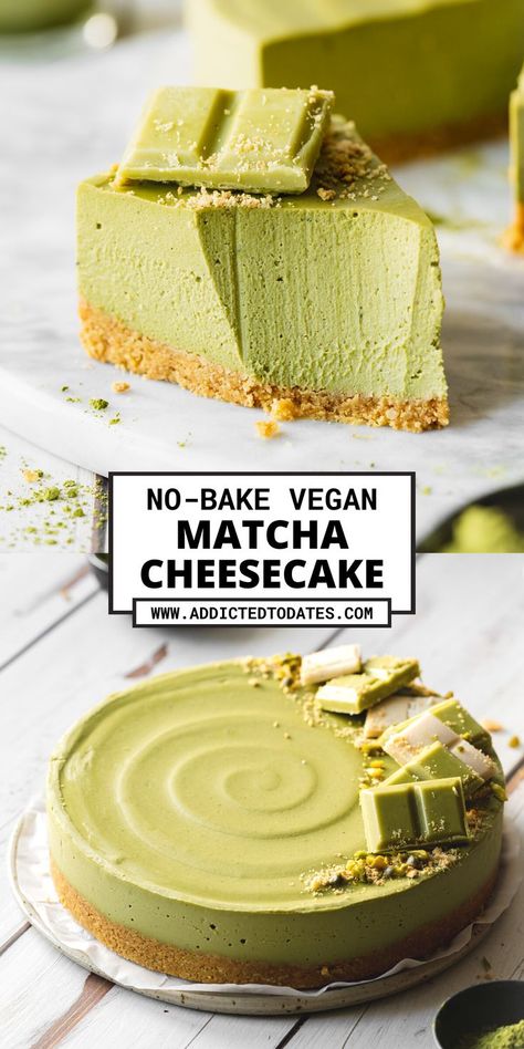 matcha cheesecake on a marble counter. Matcha Pistachio Cake, Matcha Cheesecake Recipe, Cake No Bake, Creamy Matcha, Buttery Cookie, Matcha Cheesecake, Matcha Dessert, Matcha Cookies, Matcha Cake