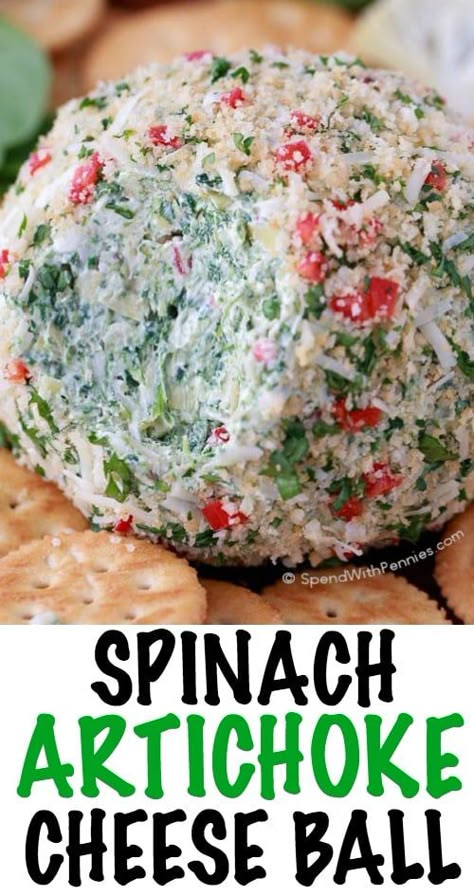 This Spinach Artichoke Cheese Ball recipe will be the star at your next game day party or the perfect appetizer at your next holiday gathering. It's rich, creamy and loaded with spinach and artichokes.  Big on flavor and easy to make ahead of time, this is the perfect party snack! Party Appetizers Easy Crowd Pleasers, Cheeseball Recipes, Appetizers Easy Dips, Cheese Ball Recipe, Spinach Cheese, Ball Recipes, Game Day Party, Cheese Snacks, Party Appetizers Easy