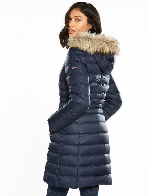 Material Content: Shell polyester; lining polyester; filling 70% down, 30% feathersWashing Instructions: Machine WashableLength 34inDetachable hood with removable faux fur trim Long Down Coat, American Denim, Puffer Jacket Women, Smart Casual Outfit, Down Coat, Jacket Women, Sporty Style, Fur Trim, Puffer Jacket