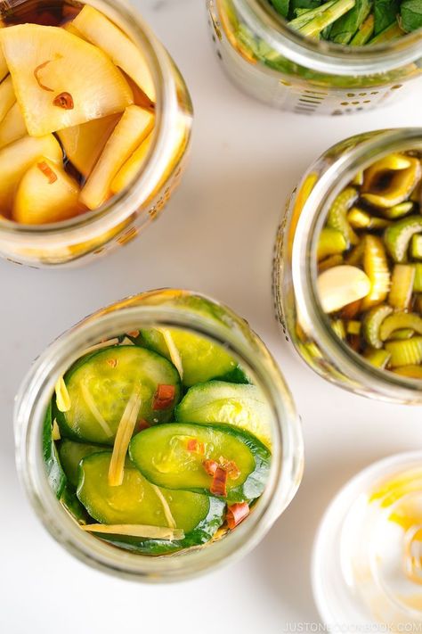 Crunchy, refreshing, and flavorful, these Japanese soy sauce pickles (Shoyuzuke) are super easy to make at home and perfect to go with steamed rice and miso soup. Let's make 4 easy variations! #pickles #japanesepickles | Easy Japanese Recipes at JustOneCookbook.com Vegetarian Japanese, Japanese Pickles, Just One Cookbook, Easy Japanese Recipes, Japanese Recipes, Pickled Vegetables, Japanese Cooking, Miso Soup, Steamed Rice