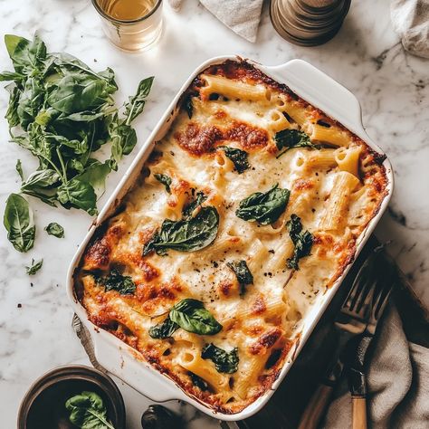 Baked Ziti with Spinach and Ricotta - Recipes Time Baked Ziti With Ricotta And Spinach, Skillet Baked Ziti, Baked Pasta Vegetarian, Baked Ziti With Spinach, Vegetarian Baked Ziti, Ground Beef And Spinach, Spinach Ricotta Pasta, Baked Ziti With Ricotta, Entertainment Recipes