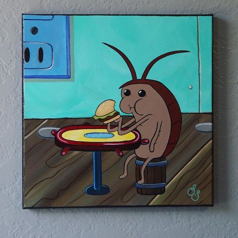 @painttress on Instagram: «Just listed on Etsy! 🍔 Sold 10”x10” Acrylic on Canvas . . Etsy.com/shop/painttress . . . . . .…» #cockroach #humberger #spongebob #art Funny Painting Idea, On Canvas Painting Ideas, Simple Painting Ideas On Canvas, Simple Painting Ideas, Spongebob Drawings, Painting Ideas On Canvas Simple, Spongebob Painting, Funny Paintings, Simple Painting