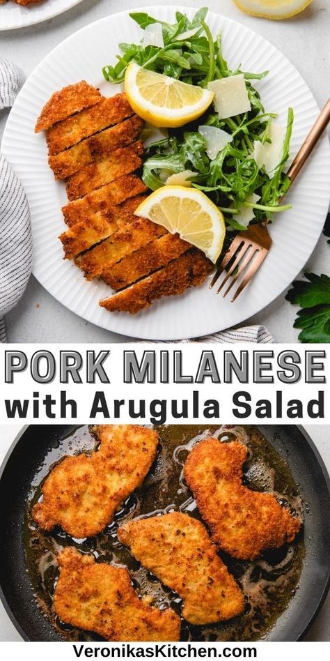 Top photo: Sliced pork cutlet with arugula salad on a plate. Bottom photo: Frying pork cutlets in a pan. Milanesa Recipe, Pork Milanese, Pork Cutlet Recipes, Cheese Pork Chops, Milanese Recipe, Fancy Dinner Recipes, Pork Cutlets, Healthy Family Meals, Arugula Salad