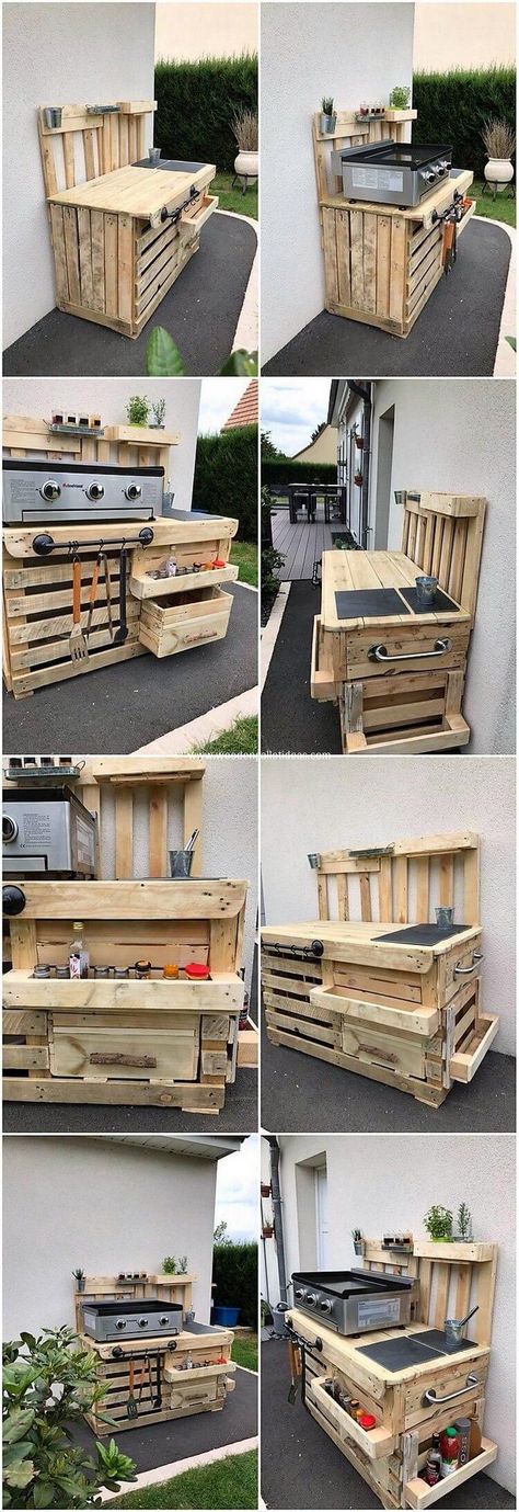 Pallet Outdoor Kitchen, Kitchen Easy Diy, Diy Yard Decor, Garden Cabins, Pallet Kitchen, Outdoor Kitchen Plans, Outdoor Kitchen Patio, Pallet Decor, Pallet Outdoor