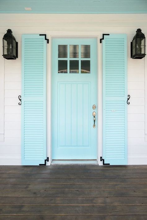 Light Blue Front Door with Shutters #frontdoor #frontporch Light Blue Front Door, Front Door Entrance Decor, Country Front Door, Cottage Front Doors, Front Door Ideas, Garage Door Types, Green Front Doors, Blue Front Door, Front Door Makeover