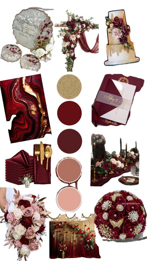 Colors Pomegranate Wedding Color, Red Wedding Theme Color Schemes, Red Color Palette Wedding, Wine Red Wedding Theme, Fall Wedding Colors Burgundy, Wine And Gold Wedding, Maroon Wedding Theme, Rose Gold And Burgundy Wedding, Red Rose Wedding Theme