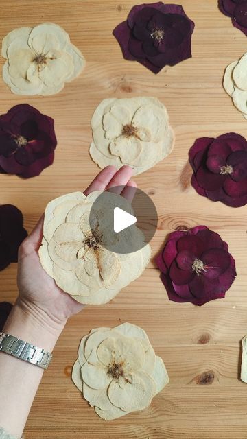 Laura Maquieira | Pressed flower artist on Instagram: "Save to practice later 🫶🏽  I don't go one week without reconstructing roses 🌹   They're the queens of wedding bouquets, although the ones on the video are here to remember someone very special. And no, it's nothing to do with me 🫶🏽  To reconstruct roses I like to start with 5 big petals. Applying a bit of glue on the right edge, to place another petal on top, joining the centres until you get a circle.  For the next rows, choose smaller petals (smaller for every row) and apply the glue where the petal joins the centre and glue it down going in circles. Make as many rows as you want. I normally do 5, 4, 3 and 2 petals, but you can try different ways.  I like adding the dried pistils on the centre too. But that's personal.  Save thi Dried Rose Petals Ideas Crafts, Dried Petals Ideas, Dry Rose Petals Crafts, How To Press Roses, Rose Petals Craft, Pressed Roses, Dry Herbs, Real Rose Petals, How To Make Rose