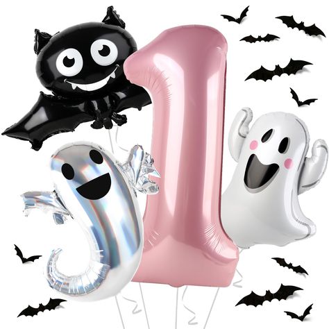 PRICES MAY VARY. Spooky One Helloween Decorations Indoor/Outdoor - This spooky one birthday party supplies set is the best choice for you. Our decorations are adorable with the helloween elements. Celebrating your baby girl's 1st birthday with this cute pink helloween first birthday party supplies, she would surely love it! Pink Helloween First Birthday Party Supplies - This package includes a giant 40 inch pink balloon, 1 x 28" bat balloon, 1 x 28" white spooky balloon, 1 x 30" laser-coating sp Spooky Balloons, Helium Balloons Birthday, Halloween First Birthday, Halloween 1st Birthdays, Spooky One, Twin First Birthday, Balloons Birthday, First Birthday Party Themes, Birthday Halloween Party