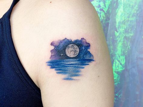 Ocean And Stars Tattoo, Ocean Tattoo Ideas, Night Sky Tattoos, Reflection Tattoo, Circular Tattoo, Sky Tattoos, Night Tattoo, Ocean Tattoo, Circle Tattoos