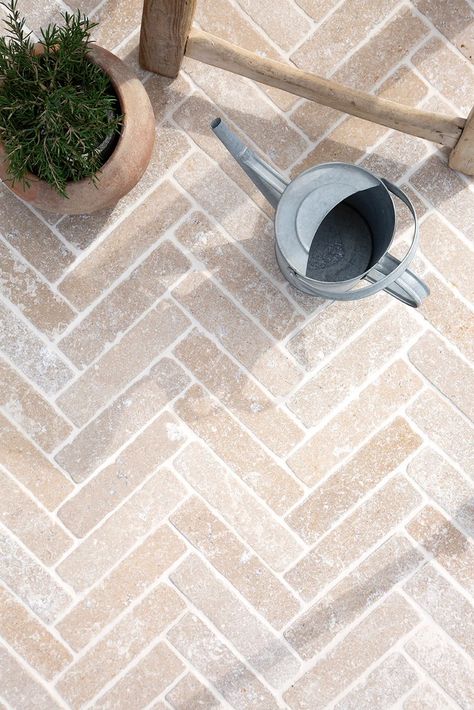 Beige Garden Tiles, Brick Paving Ideas Outdoor, Limestone Patio, Herringbone Brick, Limestone Pavers, Limestone Paving, Brick Floor, Outdoor Pavers, Outdoor Paving