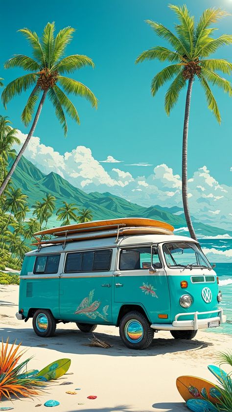 Volkswagen Bus Aesthetic, Volkswagen Id Buzz, Volkswagen Bus Art, Volkswagen Art, Volkswagen Minibus, Retro Bus, Bus Art, Beach Art Painting, Vw Art