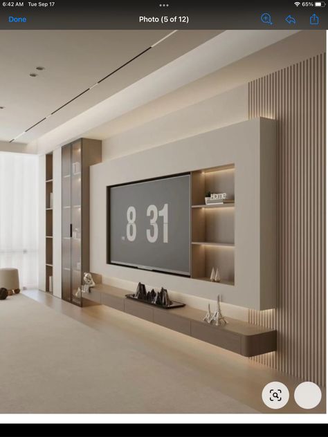 Interior Design For Tv Wall, Modern Classic Tv Wall Design, 2024 Tv Wall Design, Backdrop Tv Design, Big Tv Living Room, Wall Tv Ideas Living Rooms, Warm White Living Room, Big Tv Wall, Bedroom Tv Wall Ideas