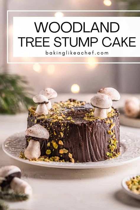 Woodland tree stump cake! A perfect Christmas dessert is made with vertical cake layers, sweetened whipped cream, and chocolate ganache and decorated with chocolate bark and meringue mushrooms. Whether you celebrate Christmas or host a woodland-themed party, this cake is the ultimate showstopper. | www.bakinglikeachef.com Vertical Cake, Meringue Mushrooms, Stump Cake, Tree Stump Cake, Perfect Christmas Dessert, Woodland Tree, Silicone Baking Sheet, Chocolate Sponge Cake, Sweetened Whipped Cream