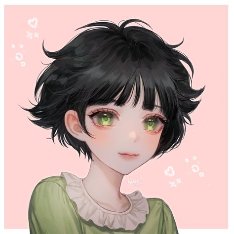 Short Hairstyle Anime, Short Anime Hairstyles Female, Short Anime Hair, Tomboy Anime Female Short Hair, Black Hair Green Eyes Girl, Black Hair And Green Eyes, Short Green Hair, Black Hair Green Eyes, Green Hair Girl