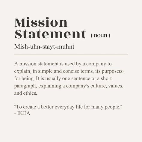 Having a mission statement for your business is always listed on branding check lists but people don’t often tell you what a mission statement actually is. Hopefully this definition and example help. Stay tuned for the definition of the vision statement. 🙌🏻✨ #visionstatement #missionstatement #howtobrand #smallbusiness #smallbusinesskelowna #smallbusinessowner #branding101 #brandguide #brandconsultant #brandconsultantkelowna #kelowna #kelownabc #business Brand Mission Statement Examples, Mission Statement Design, Mission Statement Examples, Brand Mission, Mission Statements, Check Lists, Mission E, Branding 101, Vision Statement