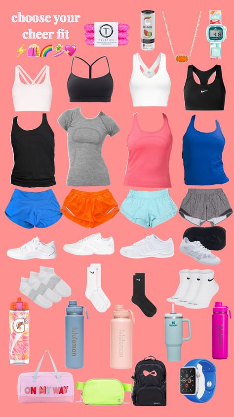 choose your cheer fit 💗 Cute Outfits With Lulu Scuba, Disney Cheer Practice Outfits, Cute Cheer Outfits For Practice, Cheer Outfit Ideas, Outfits For Cheer Practice, Lulu Outfit Ideas, Cheer Outfits For Practice, Preppy Person, Trendy Preppy Outfits