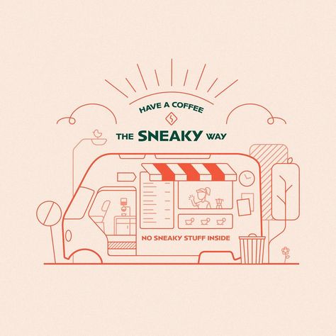 Sneaky Brew ─ Decaf Coffee (Food Truck Cafe Illustration) Designer: Muhammad Hizlan No matter day or night, have a cup of coffee the sneaky way. It's always better to have low caffeine intake consumption to have a better healthy lifestyle. Worry not, we're here to provide you with your decaf coffee anytime, anywhere, everywhere always! #illustration #digitalart #coffee #cafe #foodtruck #artistic #graphicdesign #relax #morning #streetfood #night #art #creative #lineart #malaysia Cafe Illustration, Coffee Food Truck, Coffee Truck, Decaf Coffee, Type Posters, Night Art, A Cup Of Coffee, Coffee Cafe, Coffee Recipes