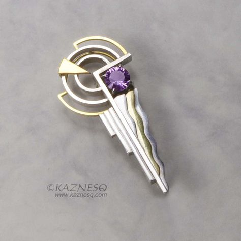 "Please tell me your phone number. The international shipping couriers require it. This fantastic Art Deco style brooch is made of 18K gold and silver 950. The amethyst is 0.73ct, round concave cut. The design motif is \"Wave\". I expressed wave's plan and side view in one direction as Cubism artists do. Size : 44mm x 20mm x 10mm Please look at the 4th photo. Weight: 8.2g *The last photo is a Photoshopped simulation image. * Please do not forget to tell me your phone number. Custom Office or Pos Arte Art Deco, Art Deco Jewellery Design, Amethyst Art, Bijoux Art Deco, Art Deco Jewelry Vintage, Bijoux Art Nouveau, Motif Art Deco, Silver Jewellery Online, Silver Jewelry Design