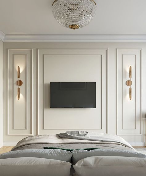 Modern Wall Panelling Design Interiors, Waincosting Bedroom, Wall Paneling Tv Wall Ideas, Headboard Wall Panelling, Moulding Tv Wall, Tv Molding Wall, Bedroom With Molding On Walls, Bedroom Decor Tv Wall, Bedroom Television Ideas