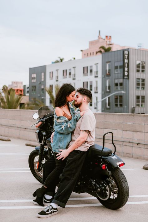 couples rooftop | couple photoshoot | engagement photos | couple poses & ideas | couple goals | downtown | motorcycle aesthetic | motorcycle couple | parking garage photoshoot | top of parking garage | california wedding photographer | danielle dong photography Kiss Picture Couple Aesthetic, Bike Couples Photography, Aesthetic Motorcycle, Couple Poses Ideas, Couples Downtown, Motorcycle Photo Shoot, Parking Garage Photoshoot, Garage Photoshoot, Downtown Long Beach