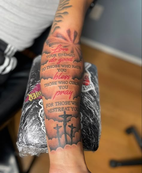 First Forearm Tattoo Ideas Men, Tattoo Sleeve Quotes, Forearm Tattoo With Meaning, Forearm Tattoo Bible Verses, Forearm Tattoos For Guys With Meaning, Christian Arm Tattoo Men, Arm Tattoo Men Bible Verse, Forearm Bible Verse Tattoo, Bible Verse Tattoos For Men Upper Arm