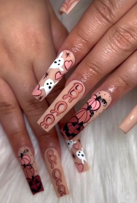 Hand Big Tattoo, Complex Acrylic Nail Designs, Bart Simpson Nail Art, Halloween Birthday Nail Designs, October Birthday Nails Acrylic, Pink Fall Acrylic Nails, Fall Character Nails, Hollween Theme Nails, Spooky Nail Sets