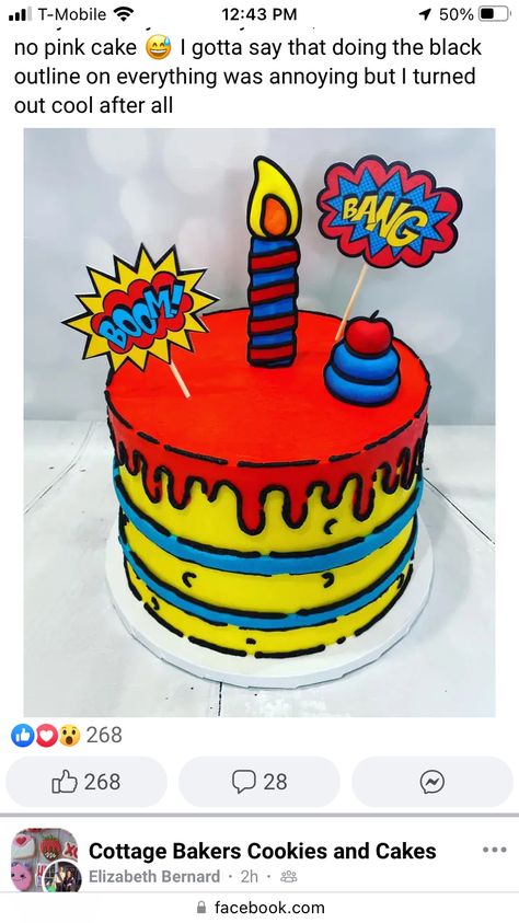 Comic Theme Cake, Cartoon Style Birthday Cake, Comic Cake For Men, Pop Art Cake Ideas, Comic Book Cake Ideas, Comic Cake Birthday, Comic Book Cake, Pastel Comic, Comic Cake